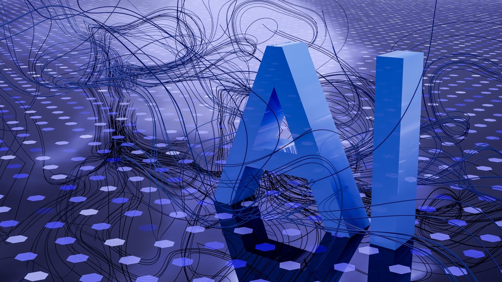 Representação visual das letras AI em azul cercadas por fios em ambiente digital, ilustrando o uso de inteligência artificial em bots do Telegram