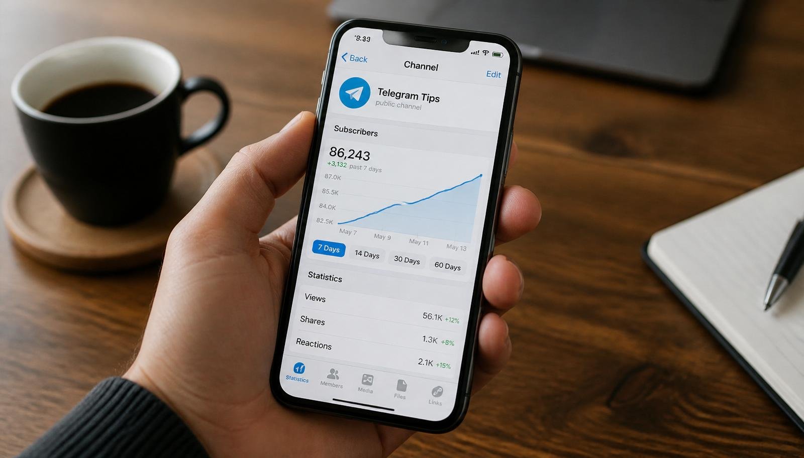 Painel de estatísticas de um canal do Telegram exibindo crescimento de inscritos em smartphone