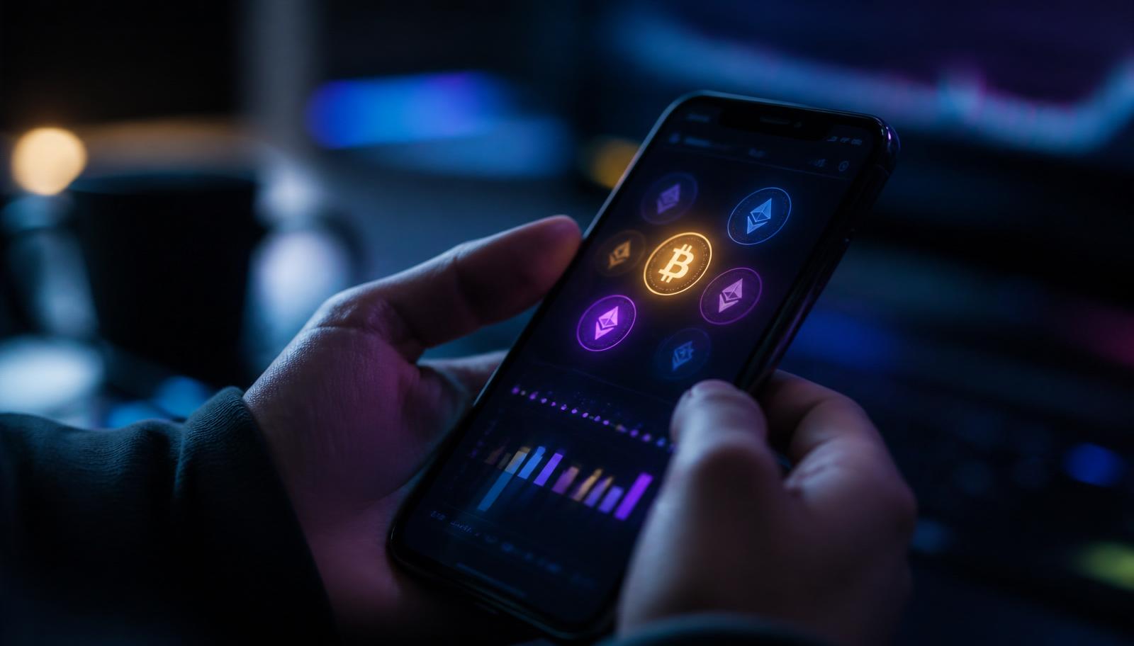 Mão segurando um smartphone com carteira cripto exibindo gráfico de TON e Stars em ambiente moderno