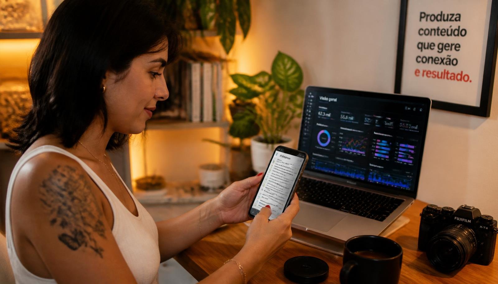 Criadora de conteúdo brasileira analisando métricas de canal do Telegram em um home office moderno